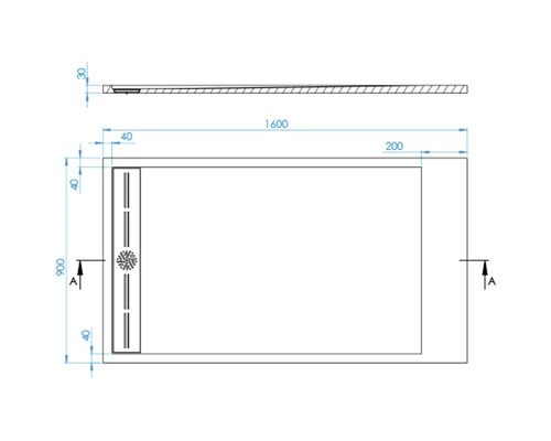 Technische tekening van een douchebak met afmetingen.