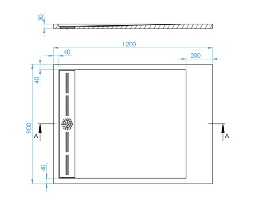 Technische tekening van een douchebak met de afmetingen 1200 x 900 millimeter.