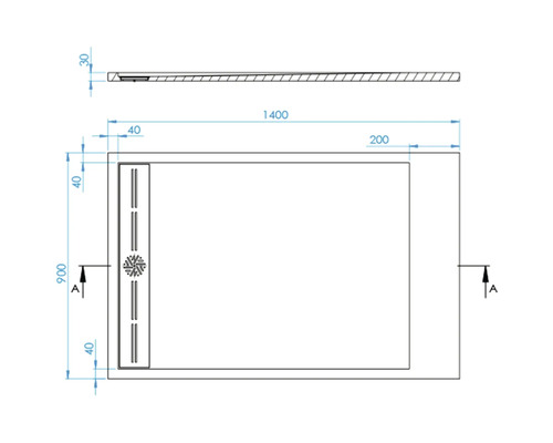 Technische tekening van een douchebak met afmetingen