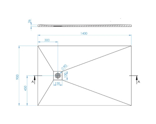 Technische tekening van een douchebak met afmetingen