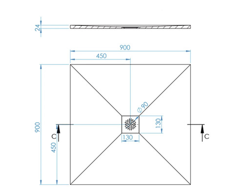 Technische tekening van een douchebak met afmetingen 900 x 900 mm