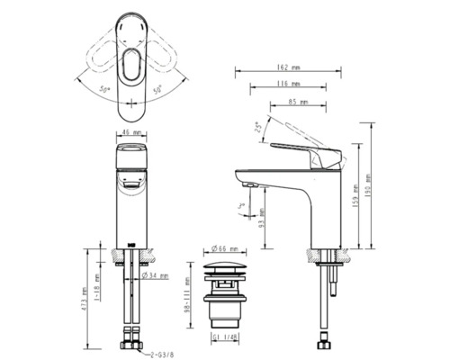 Technische tekening van een kraan met afmetingen