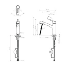 Technische tekening van een kraan met afmetingen