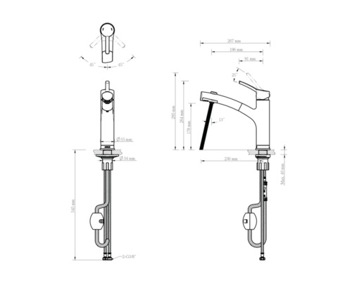 Technische tekening van een kraan met afmetingen