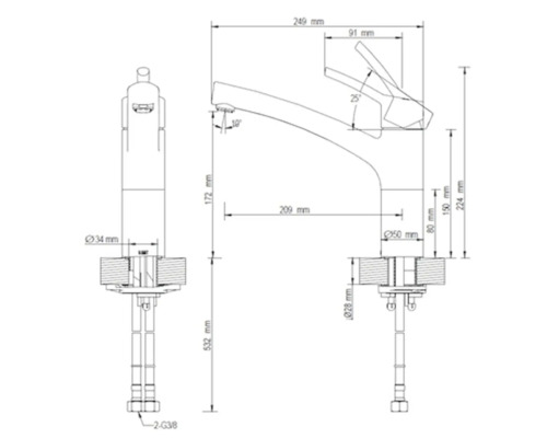 Technische tekening van een kraan met maataanduidingen
