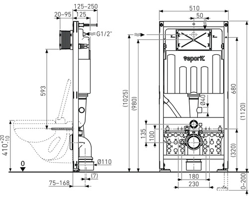 Technische tekening van een inbouwreservoir voor een toilet met maataanduidingen.