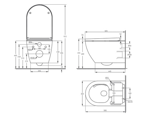 Technische tekening van een hangend toilet met afmetingen.