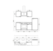 Keukenontwerp met afmetingen voor onderkasten, bovenkasten en apparatuur