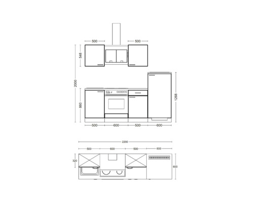 Keukenontwerp met afmetingen voor onderkasten, bovenkasten en apparatuur