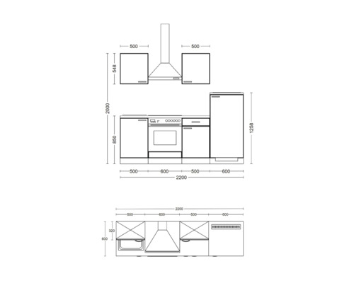 Schets van een keukenblok met afmetingen.