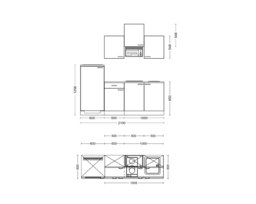 Schets van een keukenblok met afmetingen