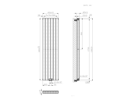 Technische tekening van een radiator met afmetingen