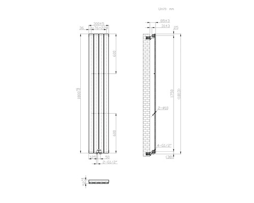 Technische tekening van een radiator met maatvoering