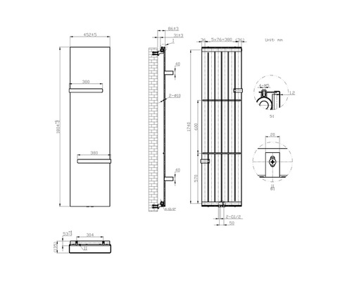 Technische tekening van een radiator met afmetingen.