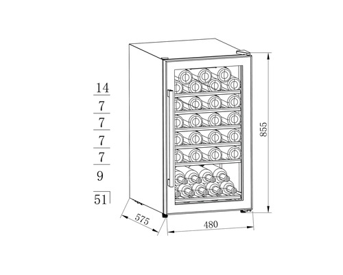 Technische tekening van een wijnkoelkast met maatvoering