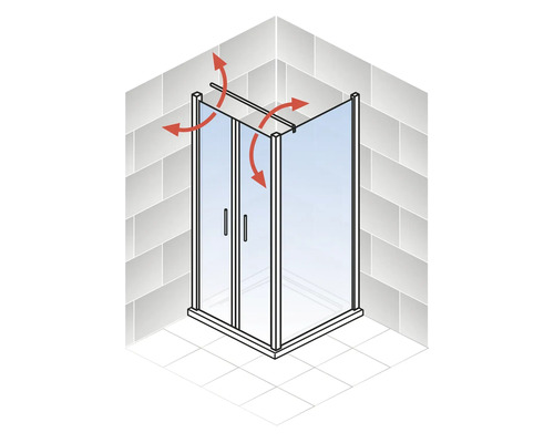Hoekdouche met draaideuren en rode pijlen om de beweging weer te geven