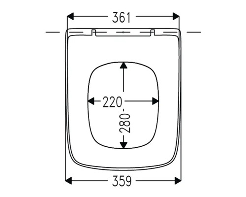 Technische tekening van een toiletbril met afmetingen.