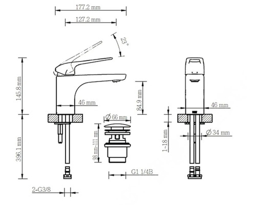 Technische tekening van een waterkraan met afmetingen