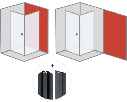 Hoekdouche met zijwand en hoekverbindingsprofiel