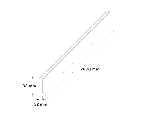 Technische tekening van een houten plank met afmetingen 2800 mm lengte, 88 mm hoogte en 22 mm breedte.