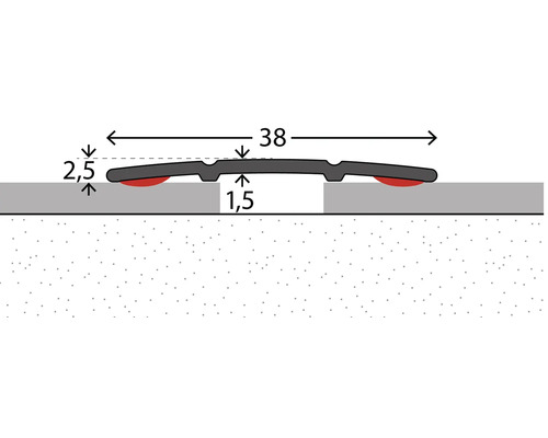 Illustratie van een overgangsprofiel met de afmetingen 38 millimeter breedte, 2,5 millimeter hoogte en 1,5 millimeter diepte.