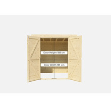Houten tuinhuis met open dubbele deur, deurhoogte 188 cm, deurbreedte 131 cm