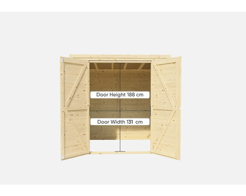 Houten tuinhuis met open dubbele deur, deurhoogte 188 cm, deurbreedte 131 cm