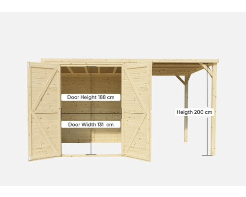 Houten tuinhuis met dubbele deur en carport, deurhoogte 188 cm, deurbreedte 131 cm, hoogte carport 200 cm