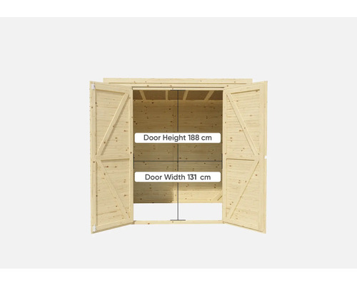 Tuinkast met openstaande dubbele deuren, deurhoogte 188 centimeter, deurbreedte 131 centimeter