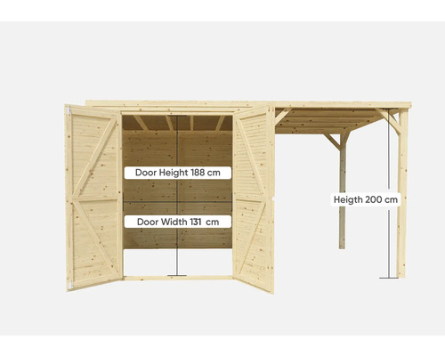 Houten tuinhuis met openstaande dubbele deuren, deurhoogte 188 cm, deurbreedte 131 cm, hoogte 200 cm