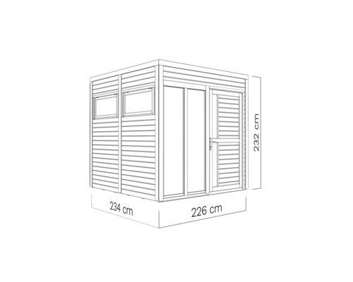 Illustratie van een tuinhuis met ramen, deur en de afmetingen 234 bij 226 bij 232 centimeter.