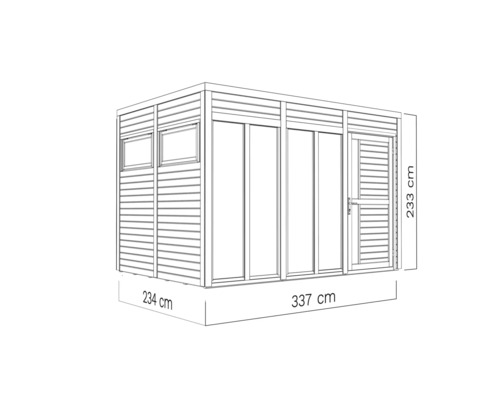 Tekening van een tuinhuis met afmetingen van 234 bij 337 bij 233 centimeter
