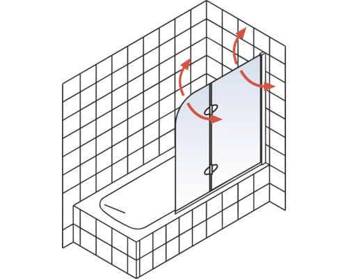 Schets van een badkuip met badwand en rode pijlen die het zwenken van de wand aangeven