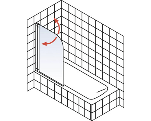 Illustratie van een badkuip met een draaibare badwand.