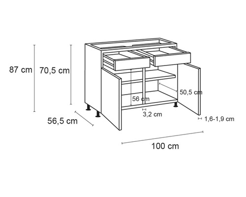 Schema van een onderkast met laden en deuren met afmetingen