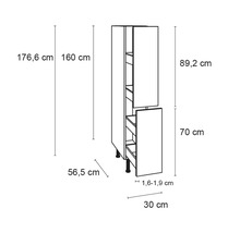Technische tekening van een keukenkast met afmetingen