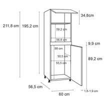 Technische tekening van een hoge kast met afmetingen