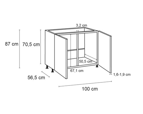 Technische tekening van een keukenkast met afmetingen