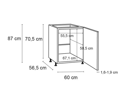 Schema van een keukenkast met afmetingen