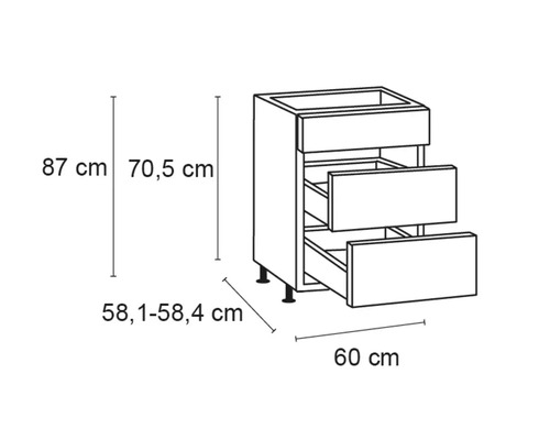 Keukenkast met drie laden, afmetingen 87 x 60 x 58,4 centimeter