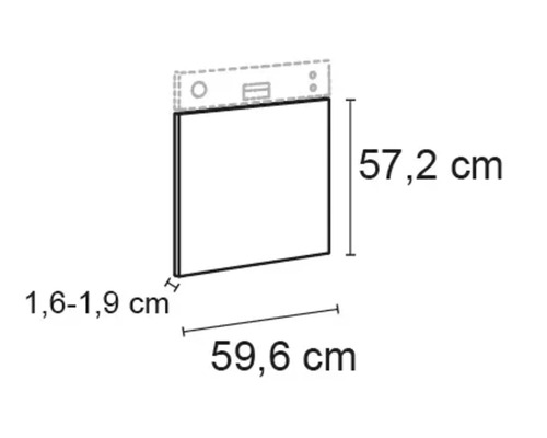 Technische tekening van een keukenfront met de afmetingen 57,2 cm hoogte, 59,6 cm breedte en 1,6 tot 1,9 cm diepte.