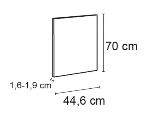Afbeelding van een kastelement met de afmetingen 70 cm hoog, 44,6 cm breed en 1,6 tot 1,9 cm dik.