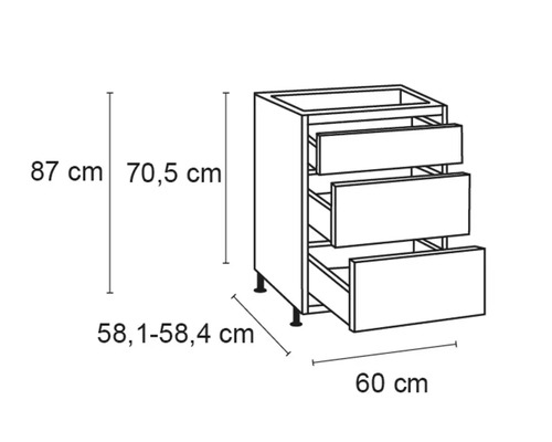 Tekening van een onderkast met drie lades en afmetingen.
