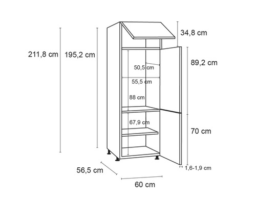 Technische tekening van een hoge kast met afmetingen