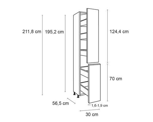 Technische tekening van een keukenkast met afmetingen