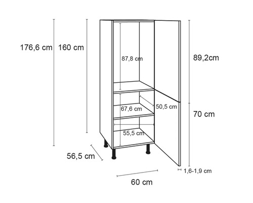 Technische tekening van een keukenkast met afmetingen