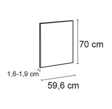 Producttekening met de afmetingen 70 cm hoogte, 59,6 cm breedte en 1,6 tot 1,9 cm diepte
