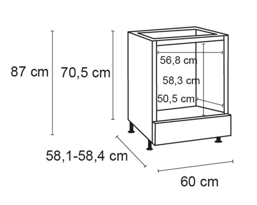 Tekening van een keukenkast met afmetingen