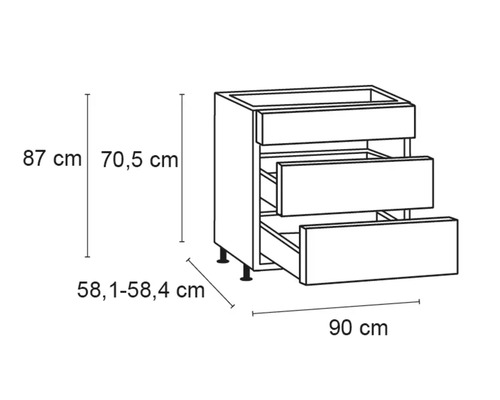 Schets van een onderkast met drie laden en de afmetingen 87 centimeter hoog, 90 centimeter breed en 58,1 tot 58,4 centimeter diep