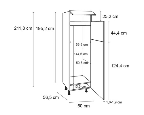 Technische tekening van een open keukenkast met afmetingen